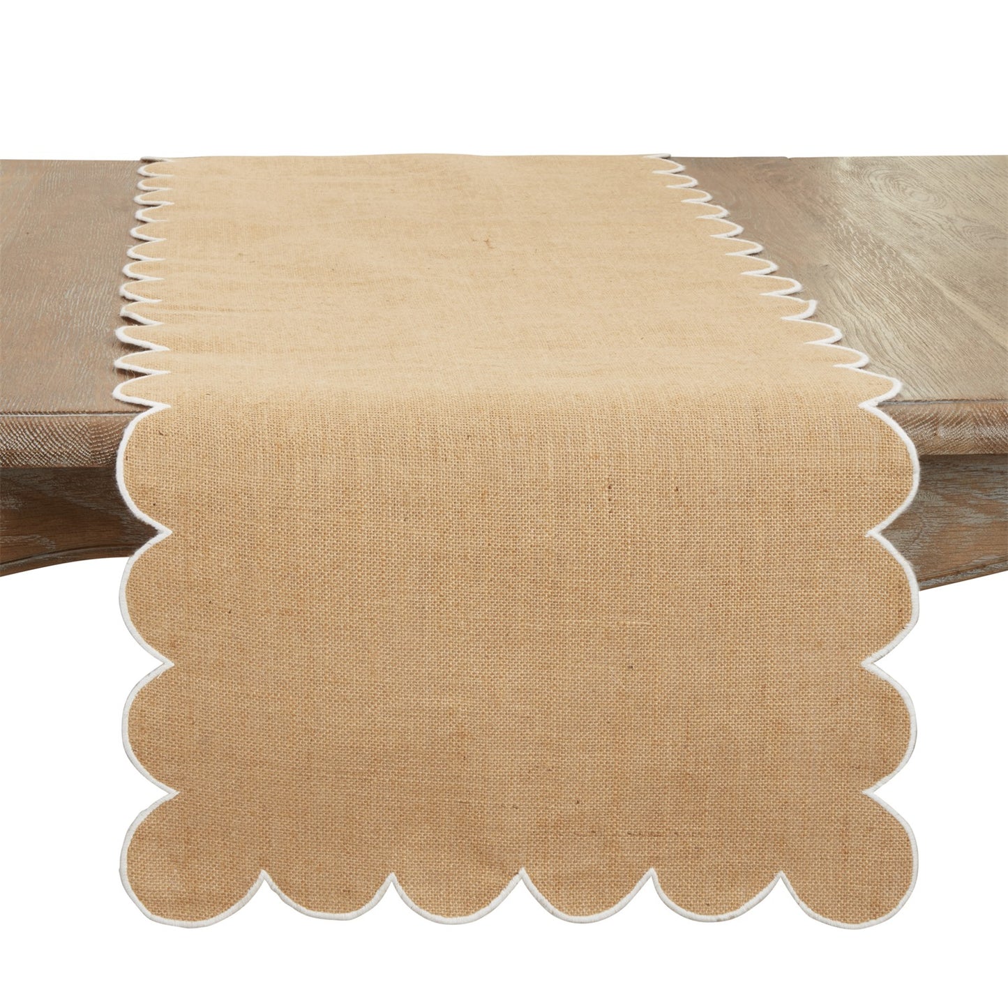 Everyday / All Season Natural Beige Jute Scallop Table Runner, front: 100% jute, back: 100% cotton