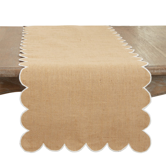Everyday / All Season Natural Beige Jute Scallop Table Runner, front: 100% jute, back: 100% cotton
