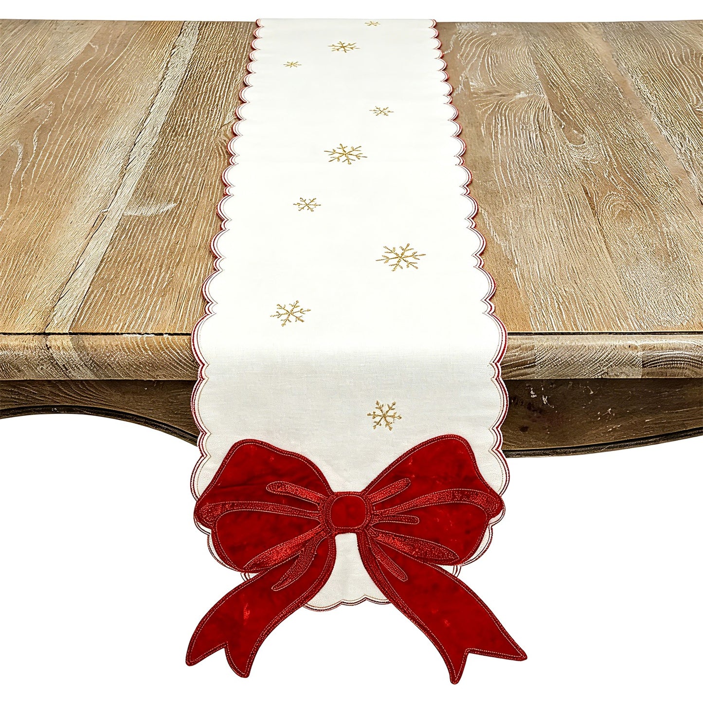 Christmas Red/White Bow Table Runner, 100% polyester
