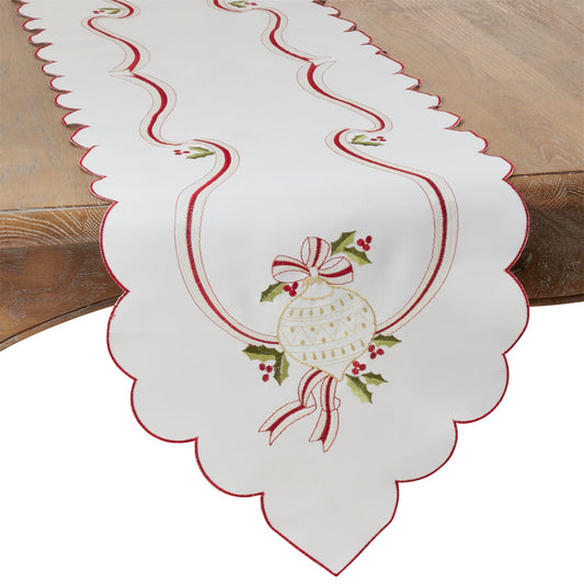 Christmas Ivory Off-White Embroidered Christmas Table Runner, 100% Polyester