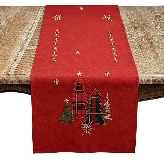 Christmas Red Plaid Christmas Trees Table Runner, 100% polyester