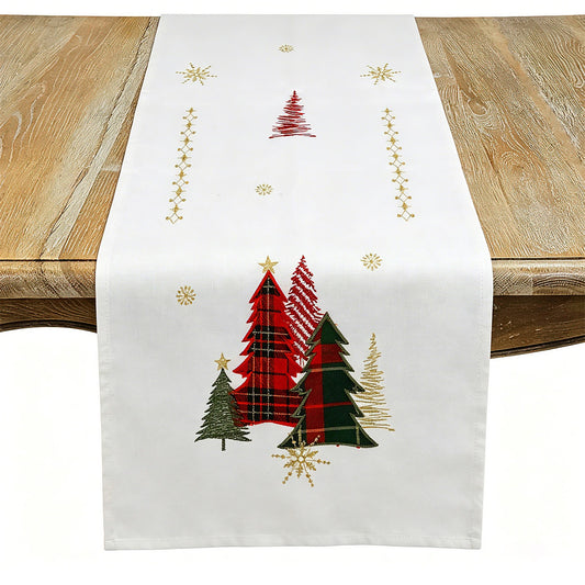 Christmas White Plaid Christmas Trees Table Runner, 100% polyester