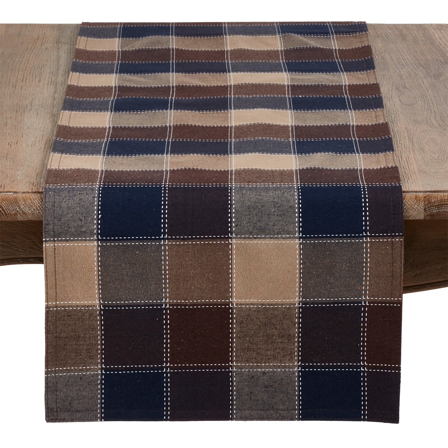 Everyday / All Season Brown Stitched Plaid Table Runner, 55% cotton - 45% polyester