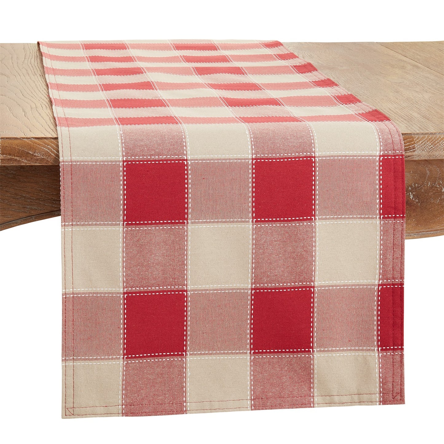 Everyday / All Season Red Stitched Plaid Table Runner, 55% cotton - 45% polyester