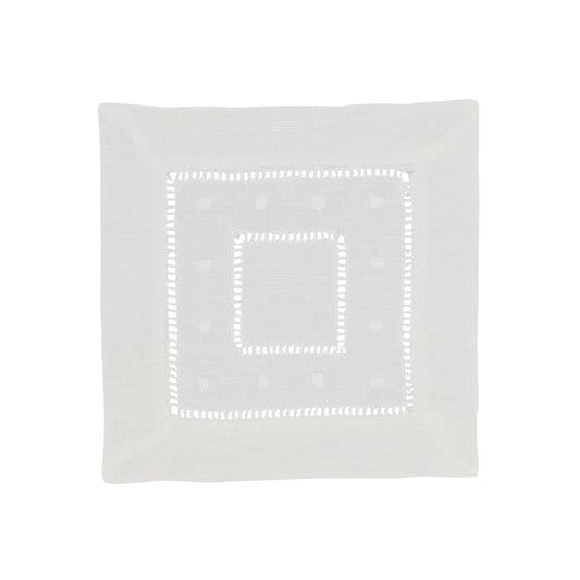 White Embr. and Hemstitch Cocktail Napkins 55% linen, 45% cotton, 6 Inch Square (12 pcs.)