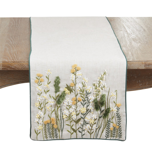 Everyday / All Season Natural Beige Embroidered Floral Table Runner, 80% polyester - 20% linen