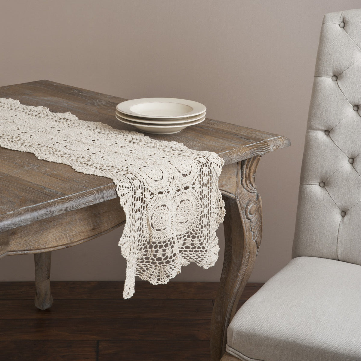 Everyday / All Season Ecru Beige Crochet Lace Table Runner, 100% Cotton Crochet
