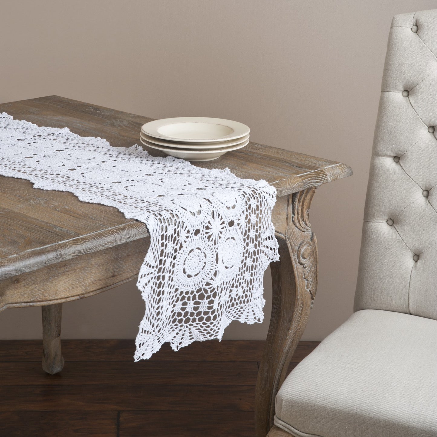 Everyday / All Season White Crochet Lace Table Runner, 100% Cotton Crochet