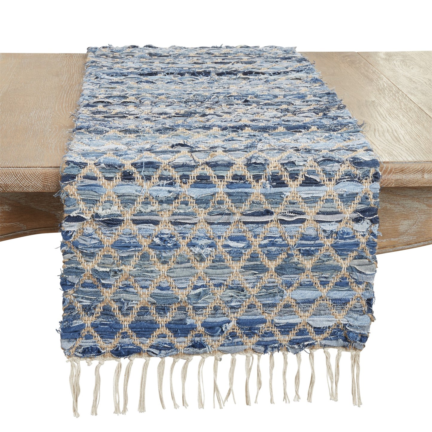 Everyday / All Season Denim Blue Net Chindi Table Runner, 60% denim - 30% jute - 10% cotton