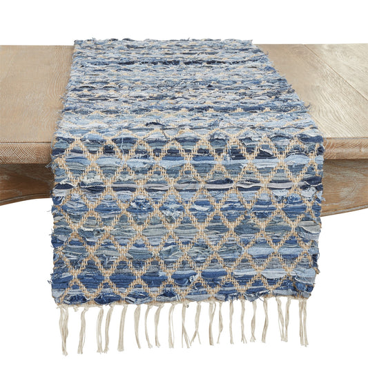 Everyday / All Season Denim Blue Net Chindi Table Runner, 60% denim - 30% jute - 10% cotton