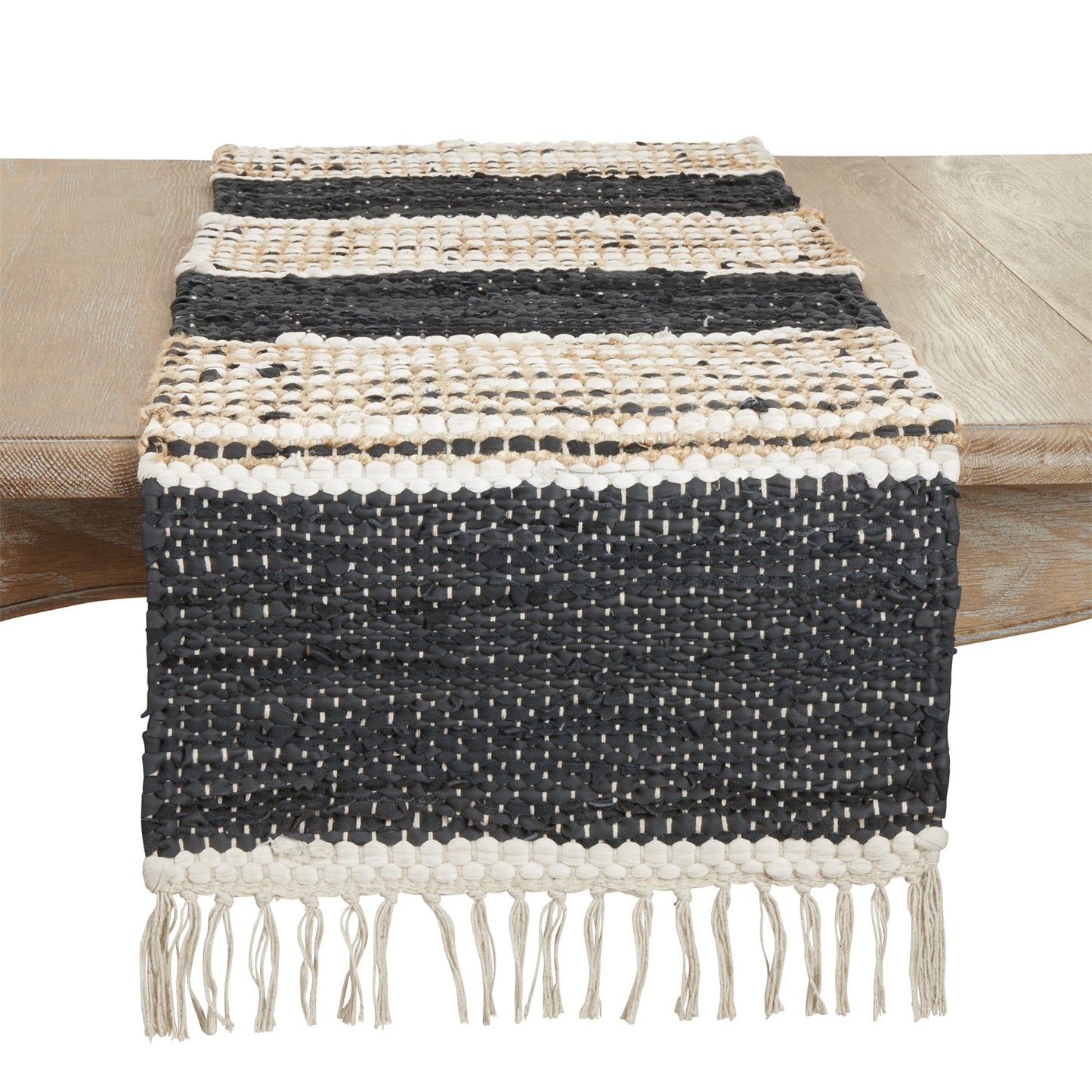 Everyday / All Season Black/Natural Leather Chindi Stripe Table Runner, 40% leather - 25% jute - 25% viscose - 10% cotton