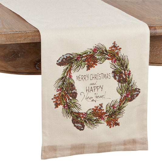 Christmas Natural Beige Merry Christmas and Happy New Year Table Runner, 100% Polyester