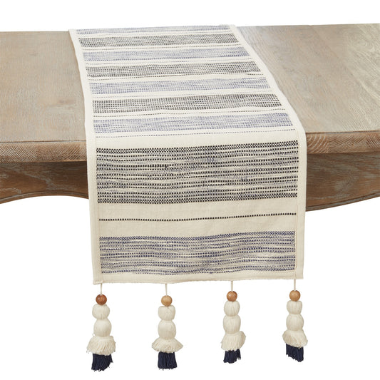 Everyday / All Season Navy Blue Stripe Table Runner with Wooden Beaded Tassels, 100% cotton