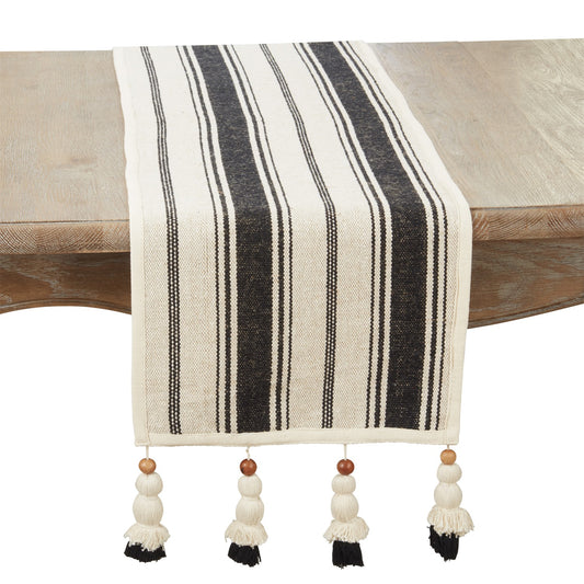 Everyday / All Season Black/Natural Stripe Table Runner with Wooden Beaded Tassels, 60% cotton - 40% jute