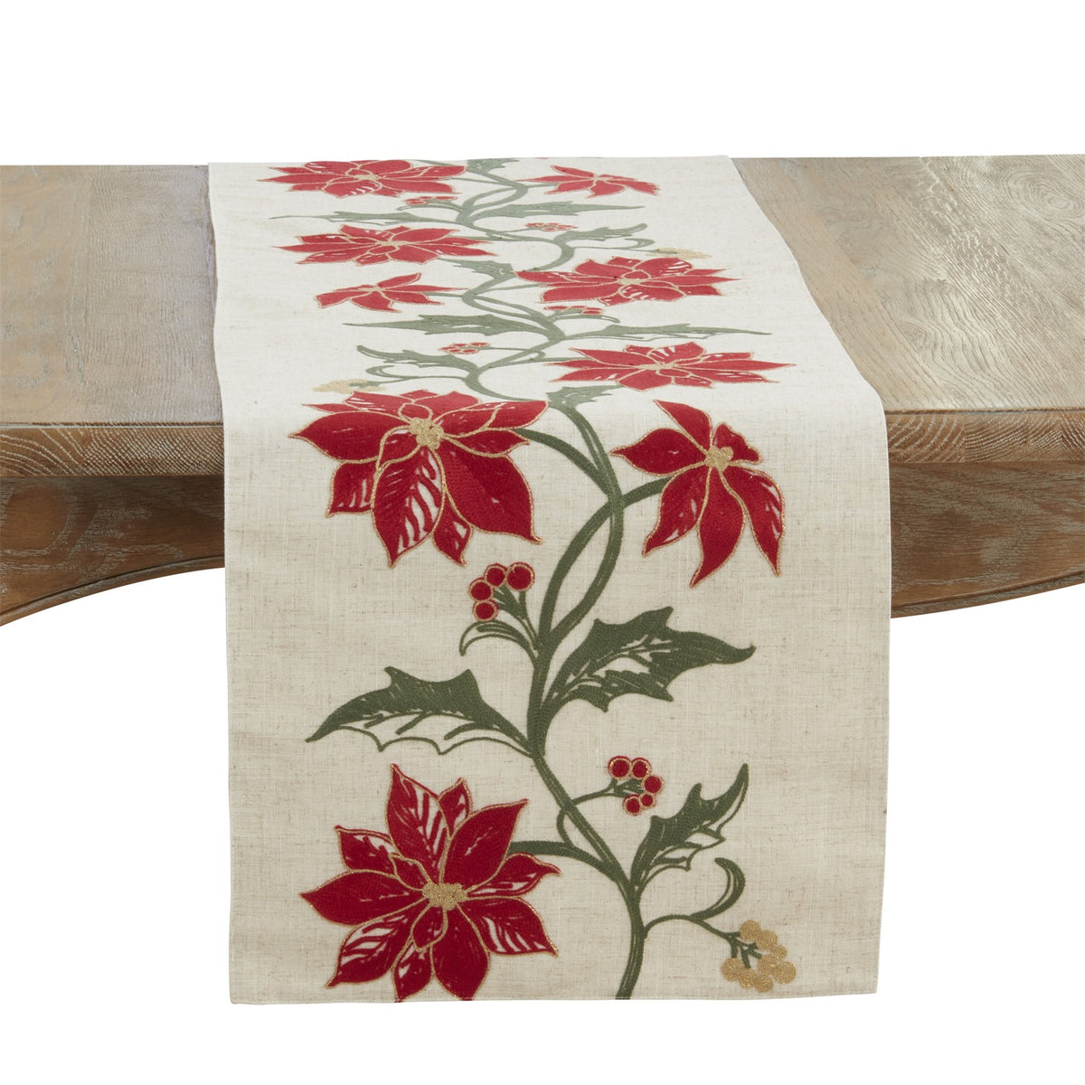 Christmas Natural Beige Poinsettia Table Runner, 100% Polyester