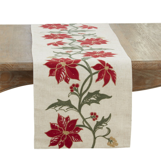Christmas Natural Beige Poinsettia Table Runner, 100% Polyester