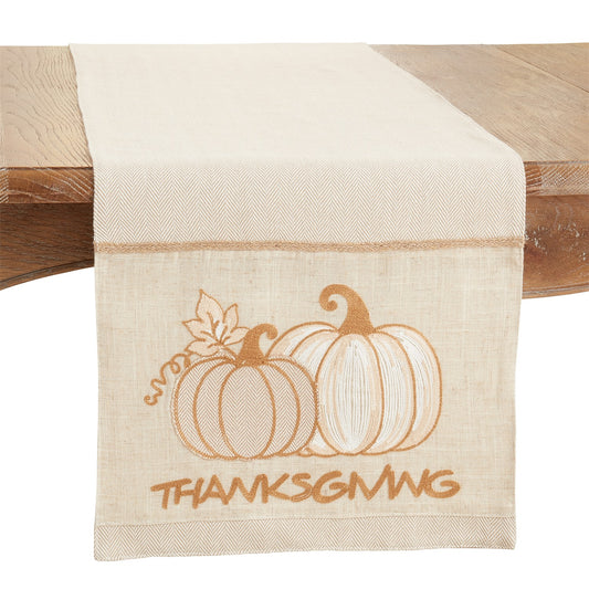 Thanksgiving / Fall Harvest Natural Beige Thanksgiving Pumpkins Table Runner, front: 100% cotton, back: 80% polyester - 20% linen