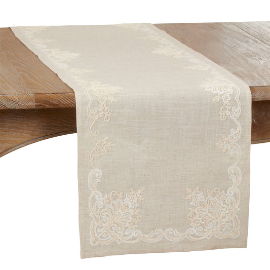 Everyday / All Season Natural Beige Embroidered Table Runner, 80% polyester - 20% linen