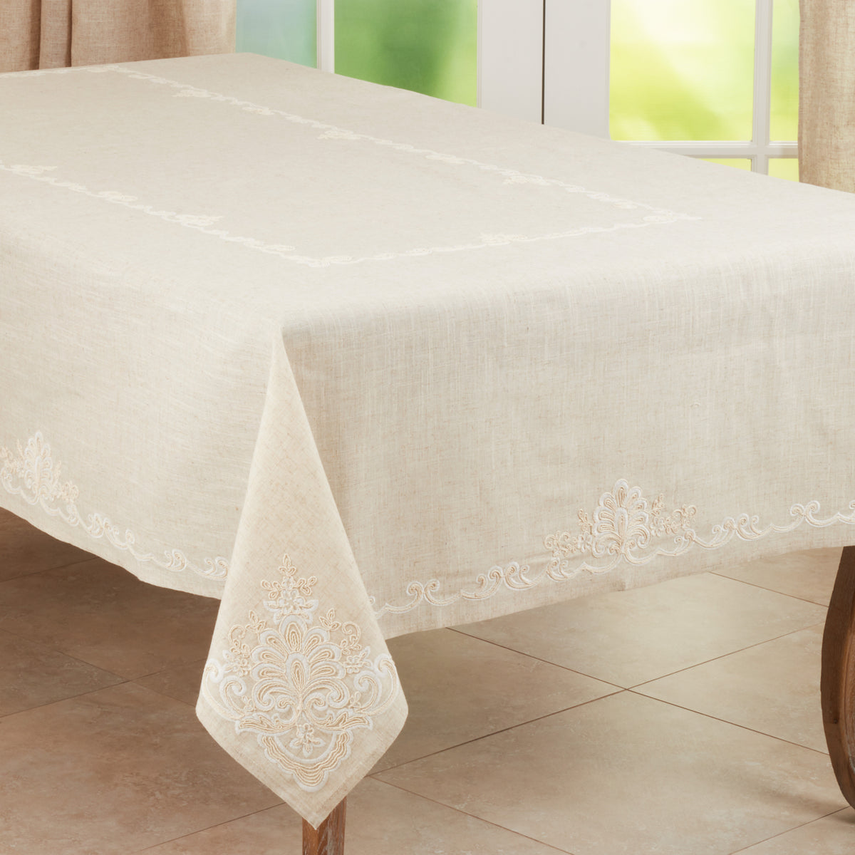 Natural Beige  Embroidered Tablecloth  80% polyester - 20% linen