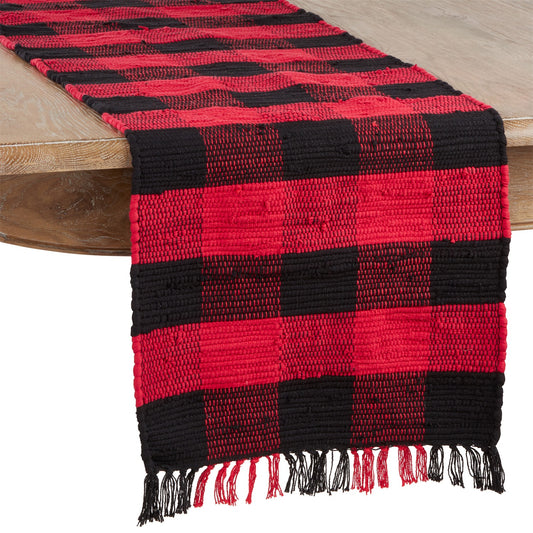 Everyday / All Season Red Buffalo Plaid Chindi Table Runner, 100% cotton