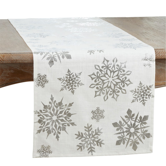 Christmas Silver Foil Print Snowflake Table Runner, 100% cotton