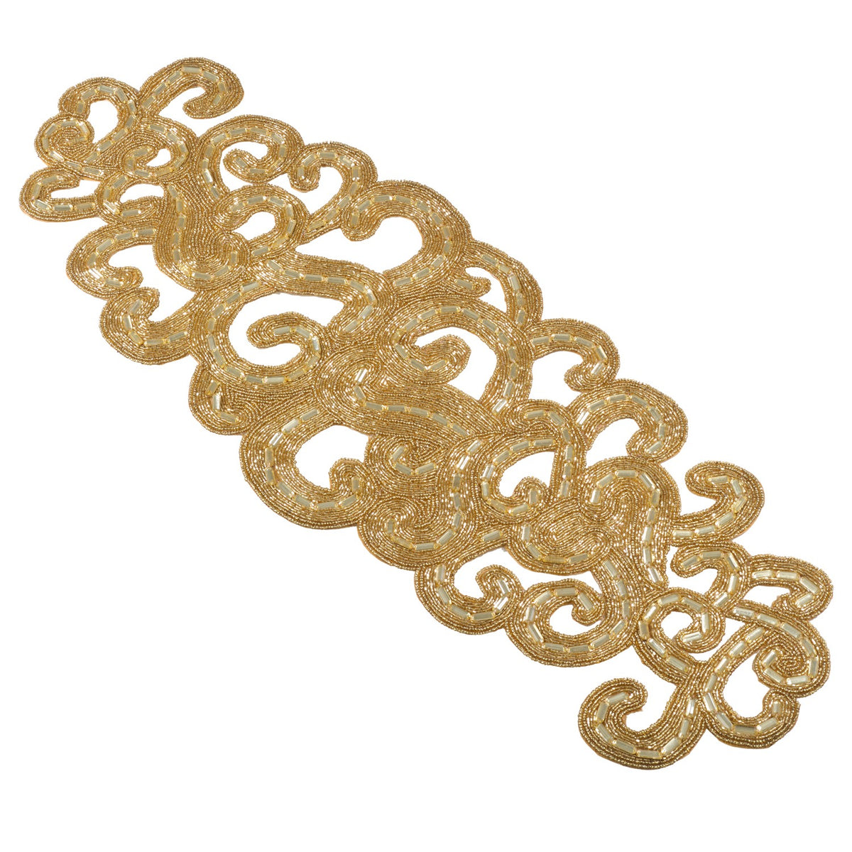 Everyday / All Season Gold Beaded Design Table Runner, 70% GLASS BEADS, 20% ACRYLIC BEADS, 10% POLYESTER FABRIC
