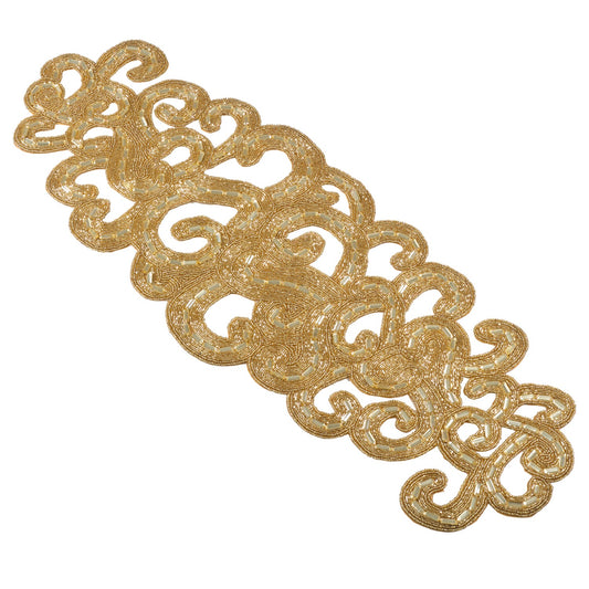 Everyday / All Season Gold Beaded Design Table Runner, 70% GLASS BEADS, 20% ACRYLIC BEADS, 10% POLYESTER FABRIC