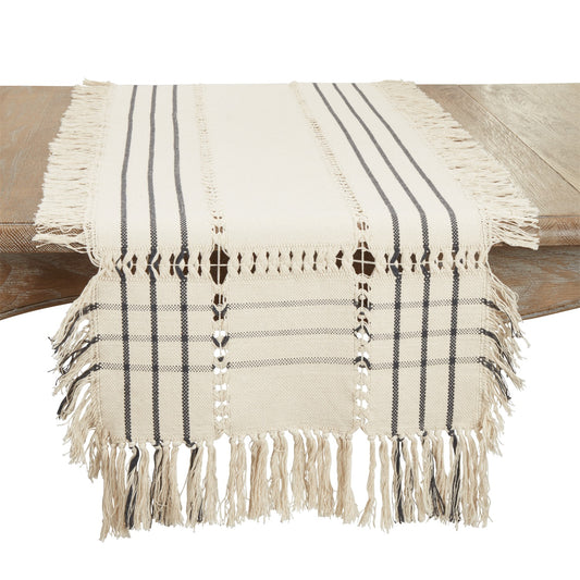 Everyday / All Season Natural Beige Plaid Hemstitch Fringe Table Runner, 100% cotton