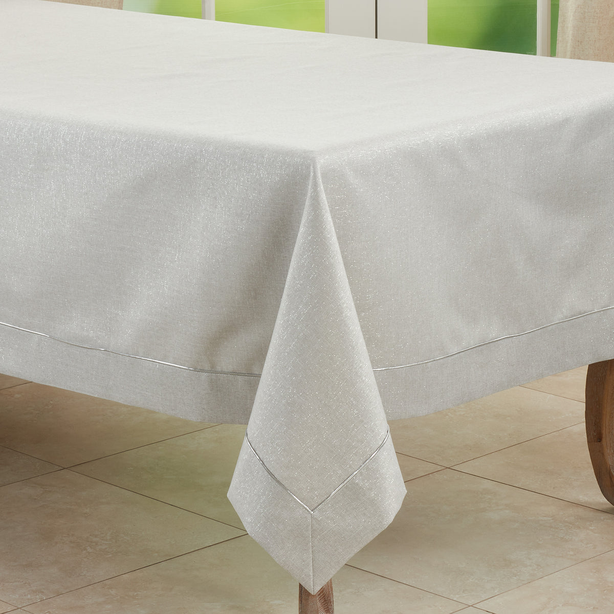Silver  Shimmering w/ Piping Tablecloth  100% polyester