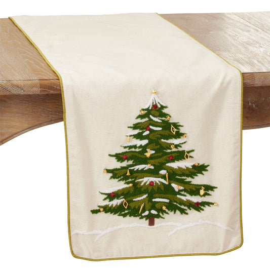 Christmas Natural Beige Embroidered Christmas Tree Table Runner, 100% cotton