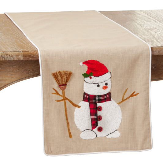 Christmas Natural Beige Embroidered Snowman Table Runner, 100% cotton