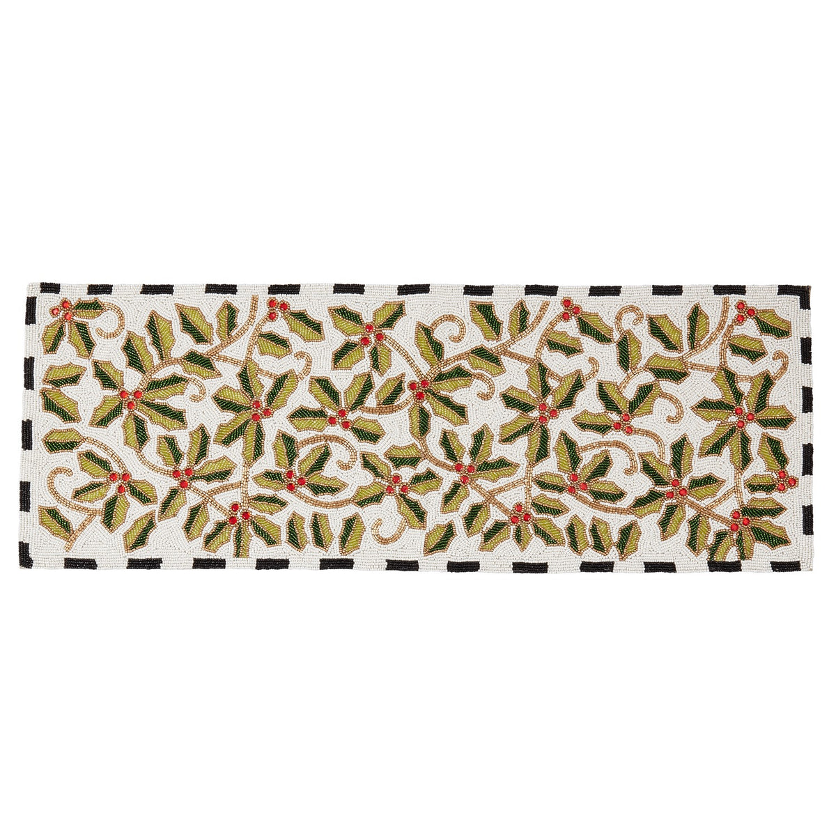 Christmas Multi Beaded Holly Leaves Table Runner, 70% glass beads, 28% polyester, 2% acrylic beads