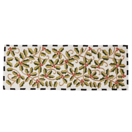 Christmas Multi Beaded Holly Leaves Table Runner, 70% glass beads, 28% polyester, 2% acrylic beads