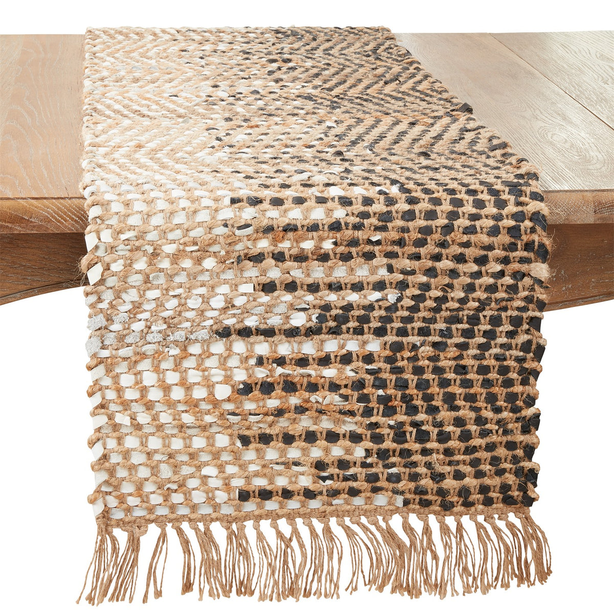 Everyday / All Season Black/White Two-Tone Leather Table Runner, 50% jute - 50% leather
