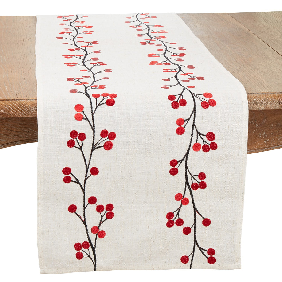 Christmas Natural Beige Embroidered Berry Table Runner, 80% polyester - 20% linen