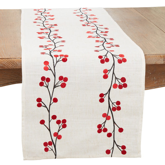 Christmas Natural Beige Embroidered Berry Table Runner, 80% polyester - 20% linen