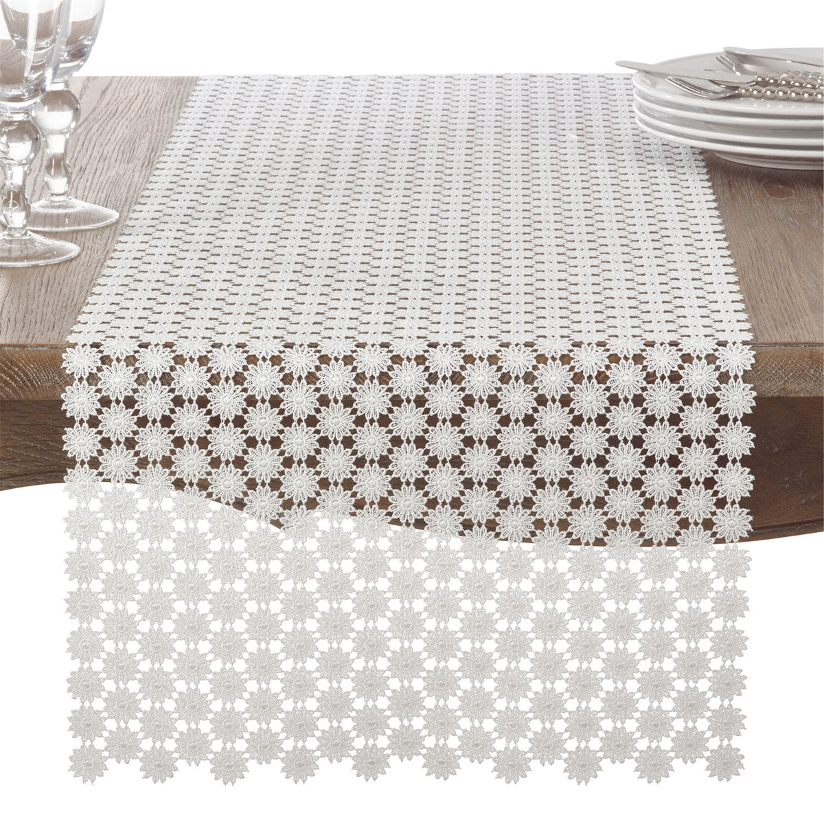 Everyday / All Season Ivory Off-White Delicate Openwork Lace Table Runner, 100% Polyester