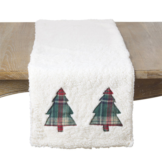 Christmas Ivory Off-White Plaid Christmas Trees Table Runner, 100% polyester