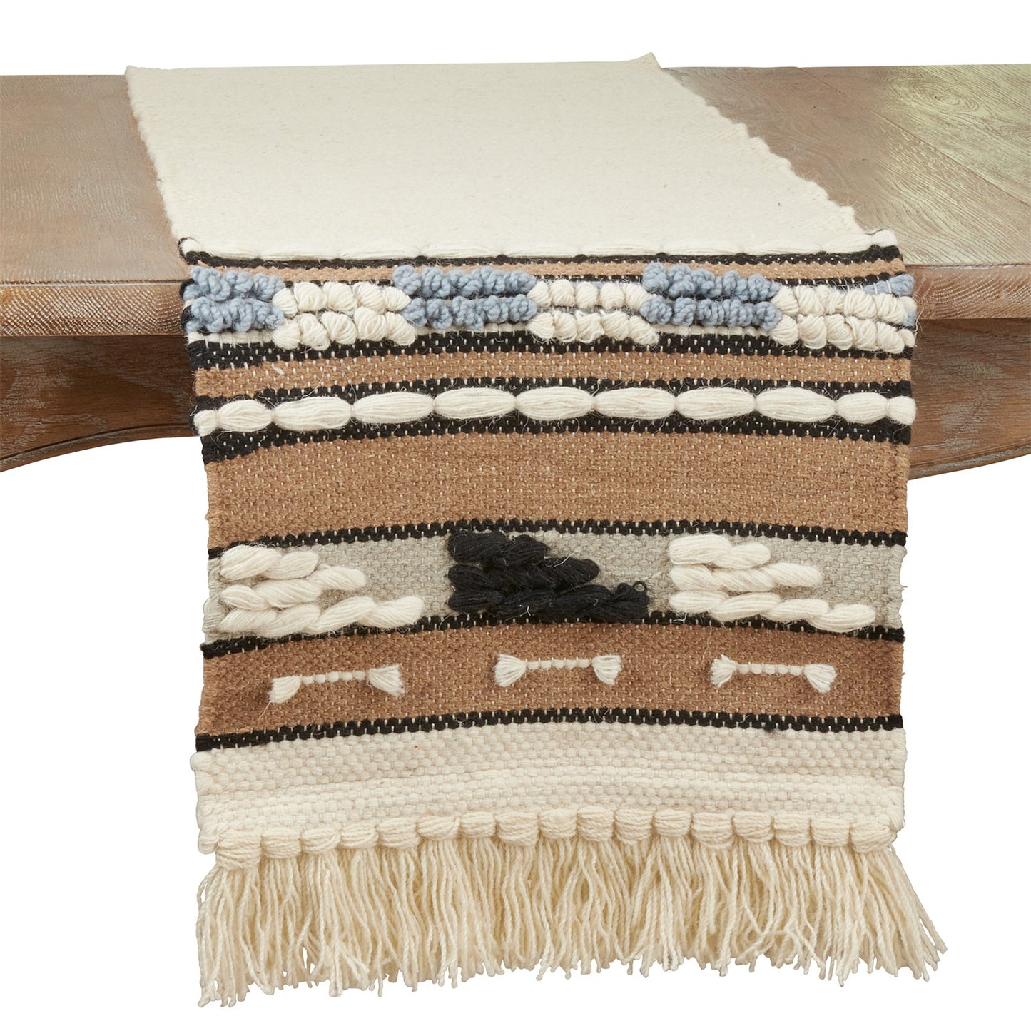 Everyday / All Season Natural Beige Textured Boho Table Runner, 100% wool