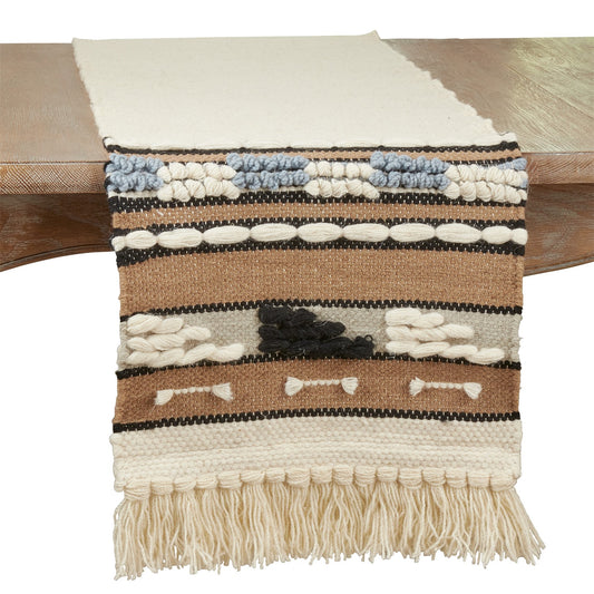 Everyday / All Season Natural Beige Textured Boho Table Runner, 100% wool