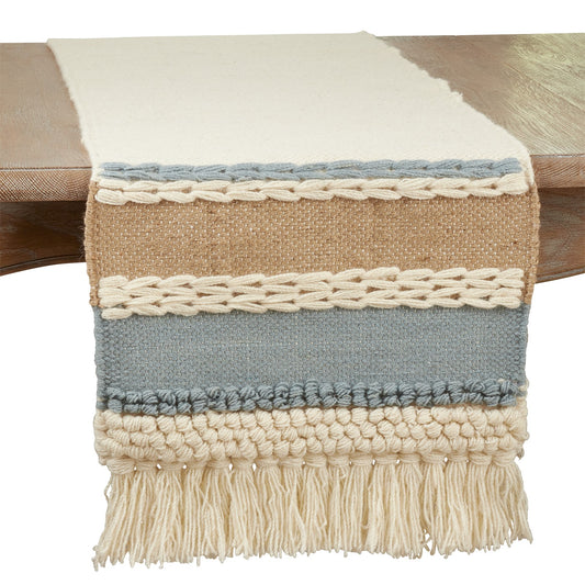 Everyday / All Season Blue Textured Boho Table Runner, 100% wool