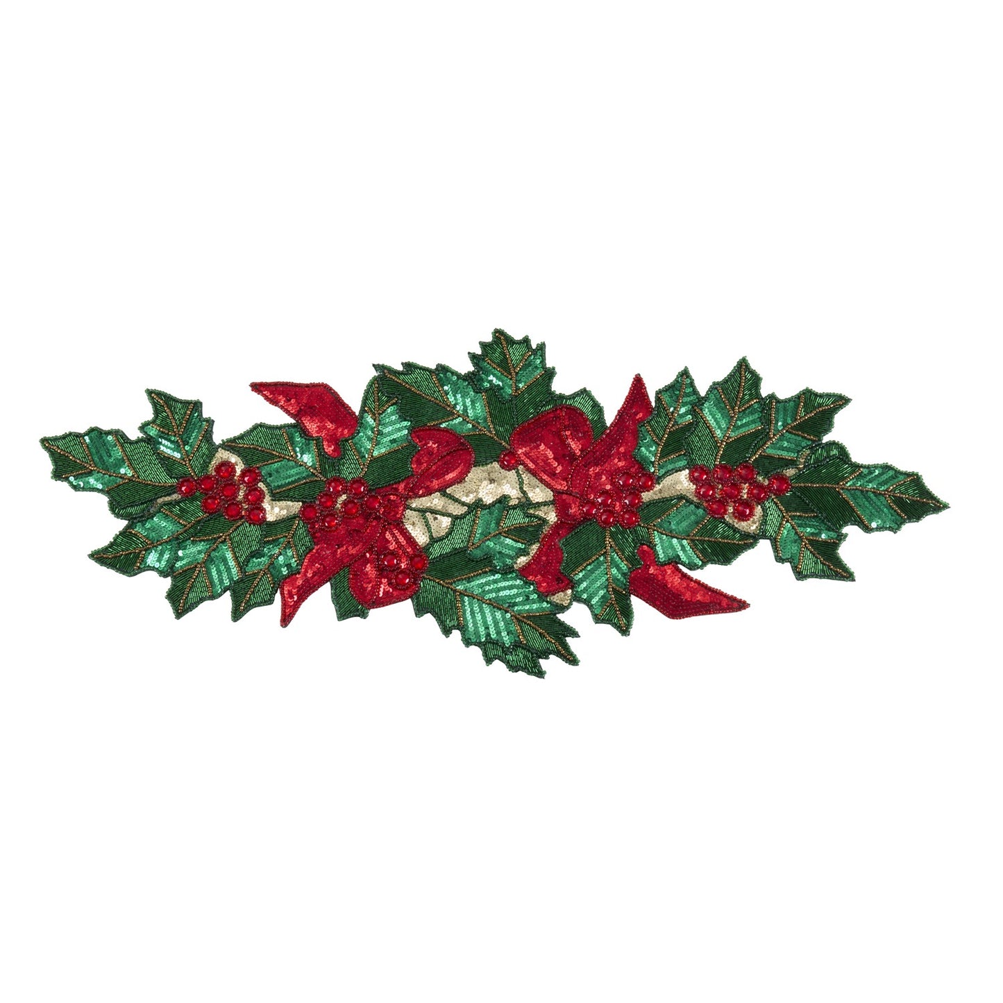 Christmas Red/Green Beaded Poinsettia Table Runner, 100% glass beads