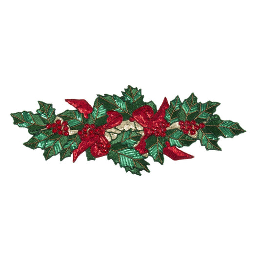 Christmas Red/Green Beaded Poinsettia Table Runner, 100% glass beads