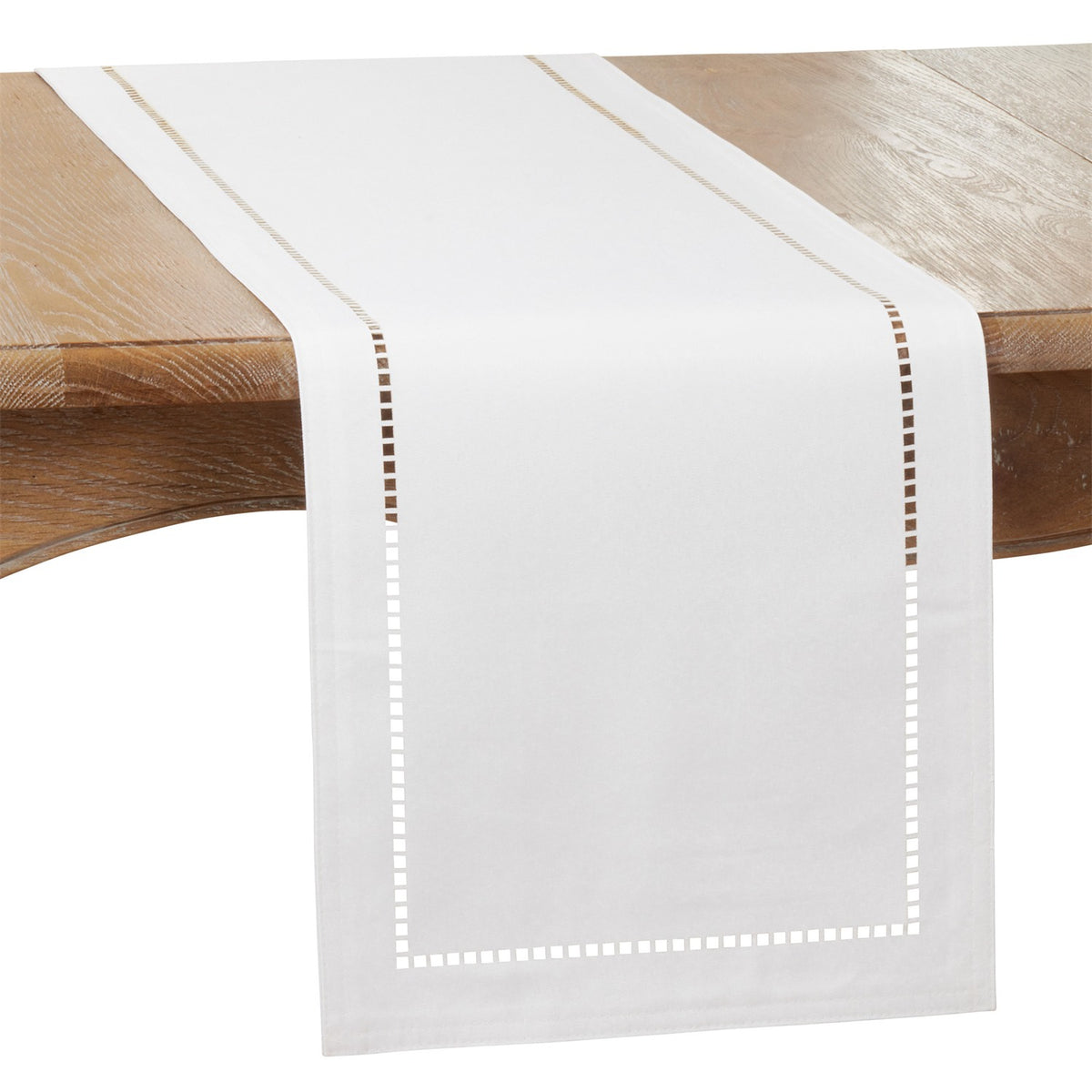 Everyday / All Season White Laser-Cut Hemstitch Table Runner, 100% Polyester
