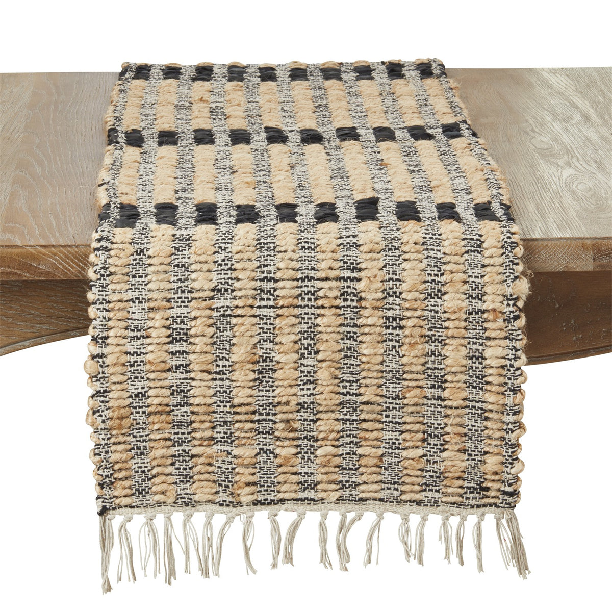 Everyday / All Season Black/Natural Heavy Stripe Table Runner, 70% jute - 15% leather - 15% cotton