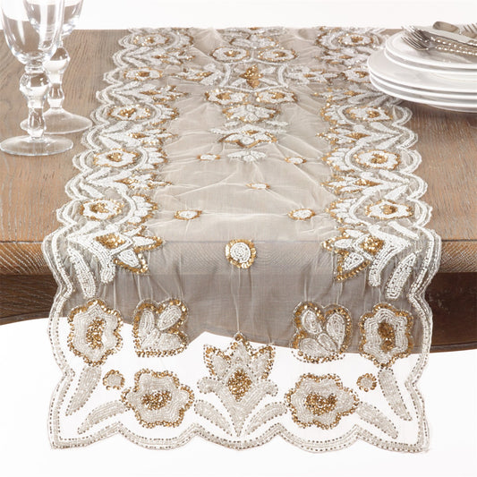 Everyday / All Season Gold Hand Beaded Design Table Runner, 100% Polyester