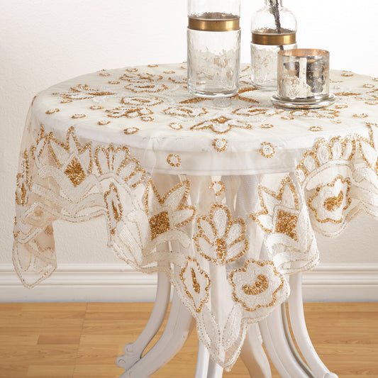 Gold  Hand Beaded Design Topper  100% Polyester