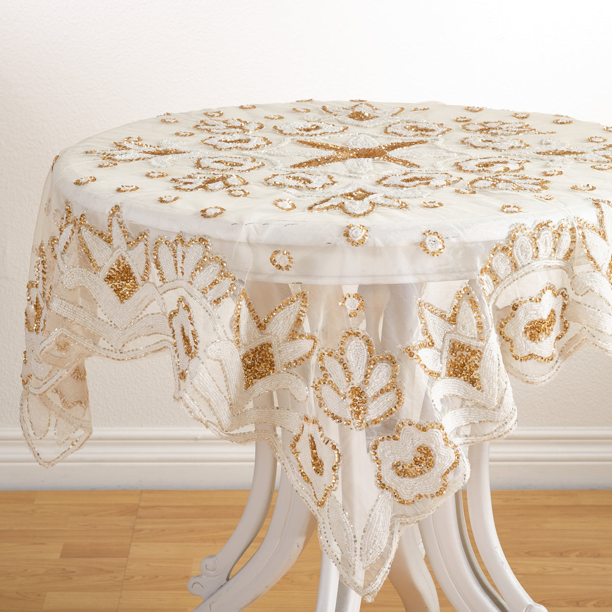 Gold  Hand Beaded Design Topper  100% Polyester