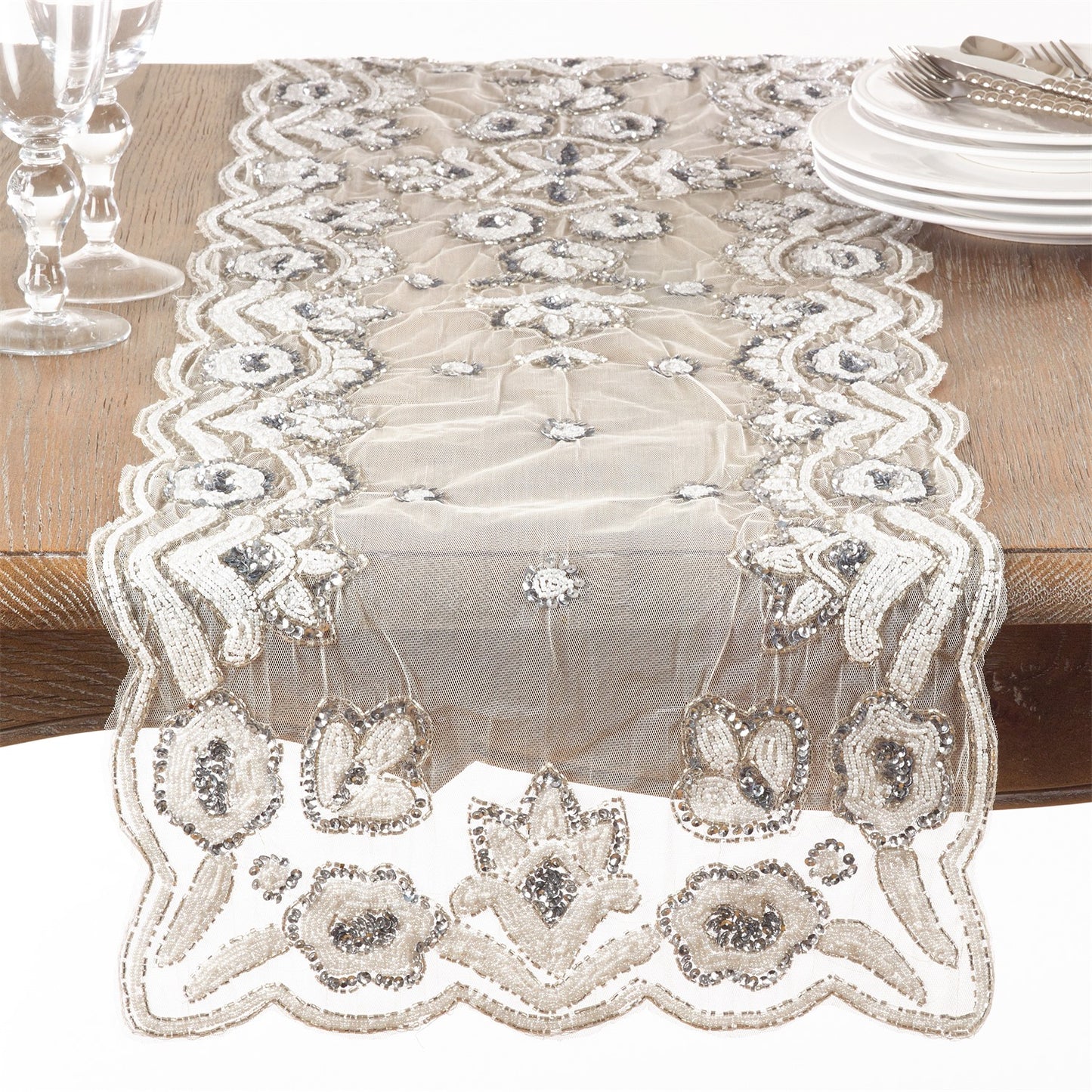 Everyday / All Season Silver Hand Beaded Design Table Runner, 100% Polyester