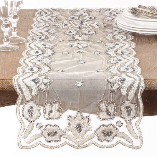 Everyday / All Season Silver Hand Beaded Design Table Runner, 100% Polyester
